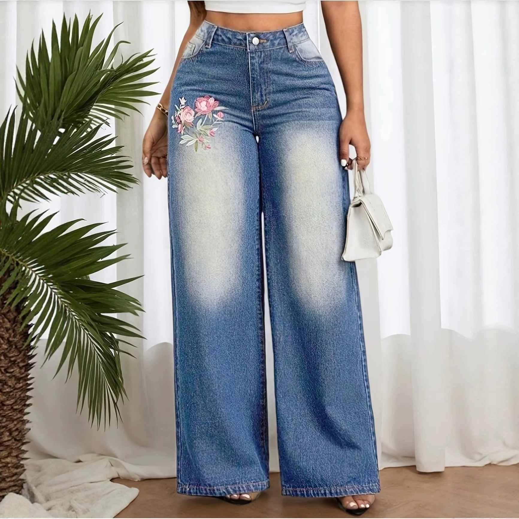 Women High Waist Floral Embroidery Wide Leg Jeans Washed Loose Draping Floor‑Length Straight Pants Commuter Denim Trousers