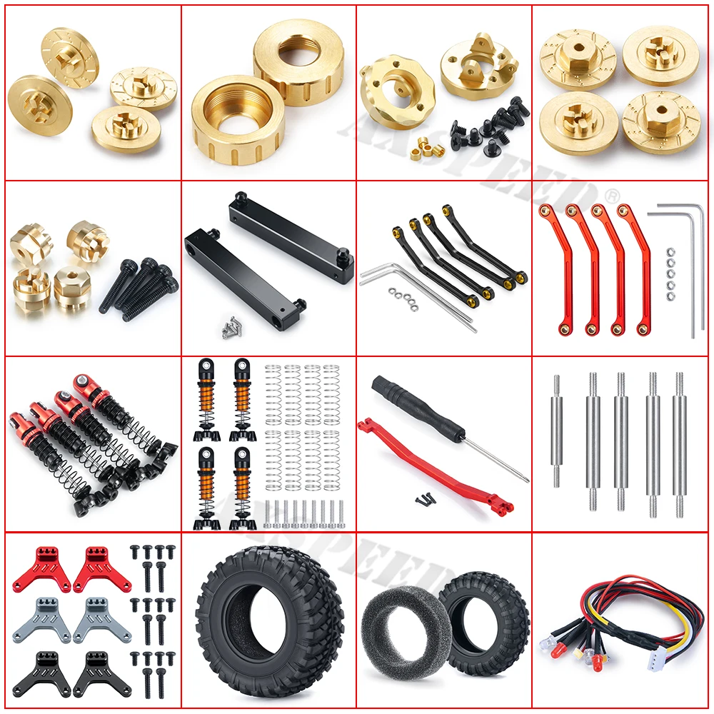 

AXSPEED Brass Counterweight Hex Wheel Hub Adapter Shock Absorber Towers Links Rubber Tyres for 1/18 Kyosho Jimny Accessories