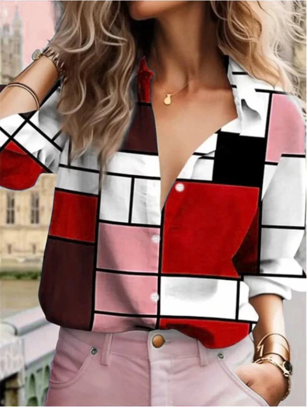 

Fashion Gradient Plaid Pattern Women Shirts All Season Long Sleeve 3d Print Street Trend Ladies Blouse 3XL Big Size Casual Shirt