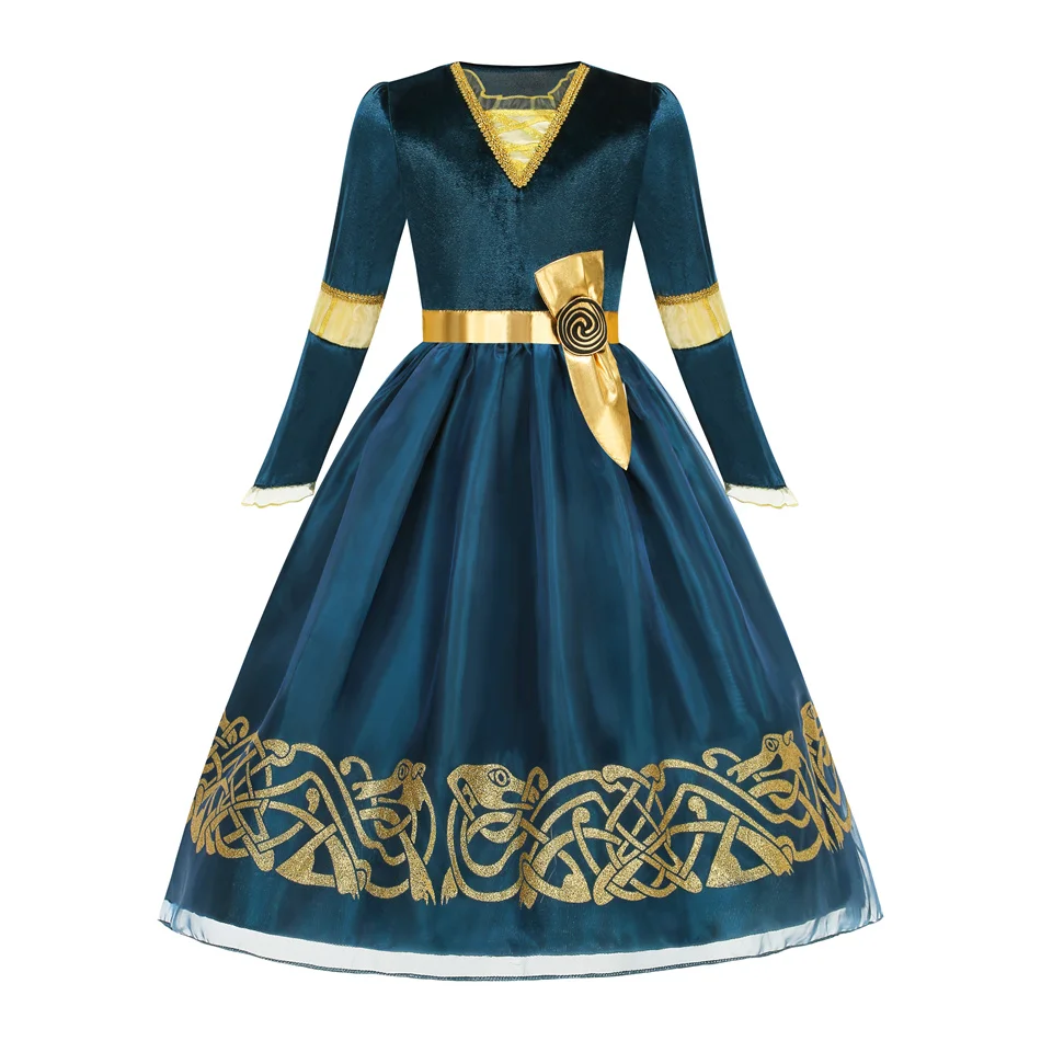Halloween Girls Merida Dress Brave Performance Costume Girls Spring and Autumn Printed Off-shoulder Dress Carnival Clothes