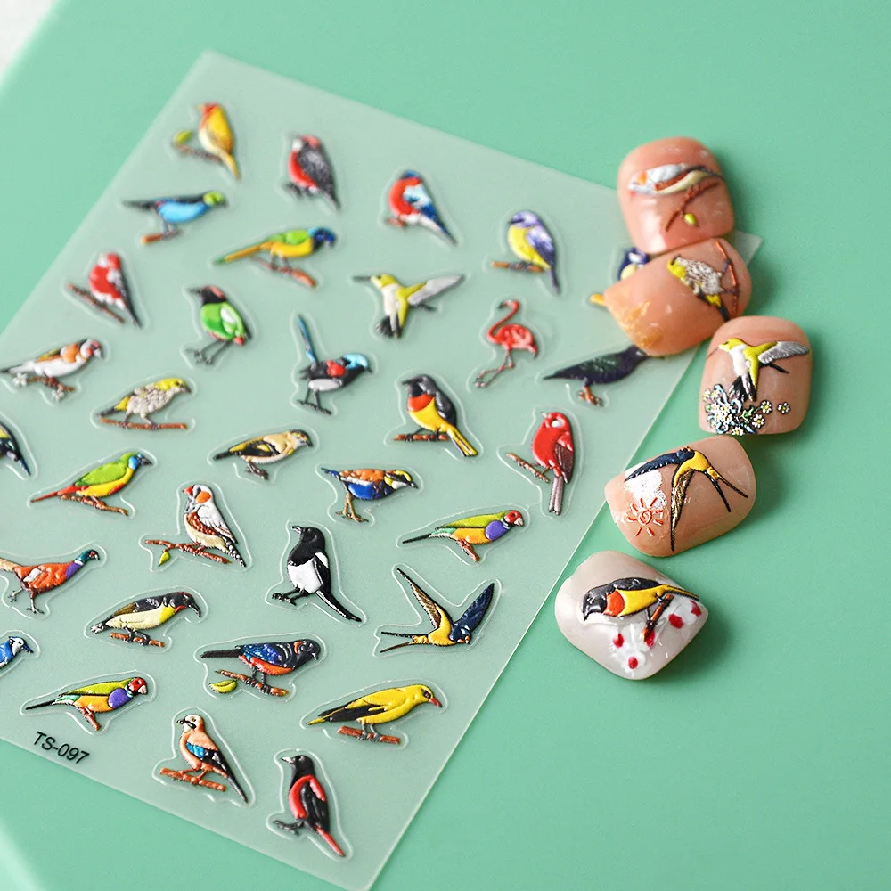 Multiple Styles Colorful Bird Magpie Swallow 5D Soft Embossed Relief Self Adhesive Nail Art Decoration Sticker 3D Manicure Decal