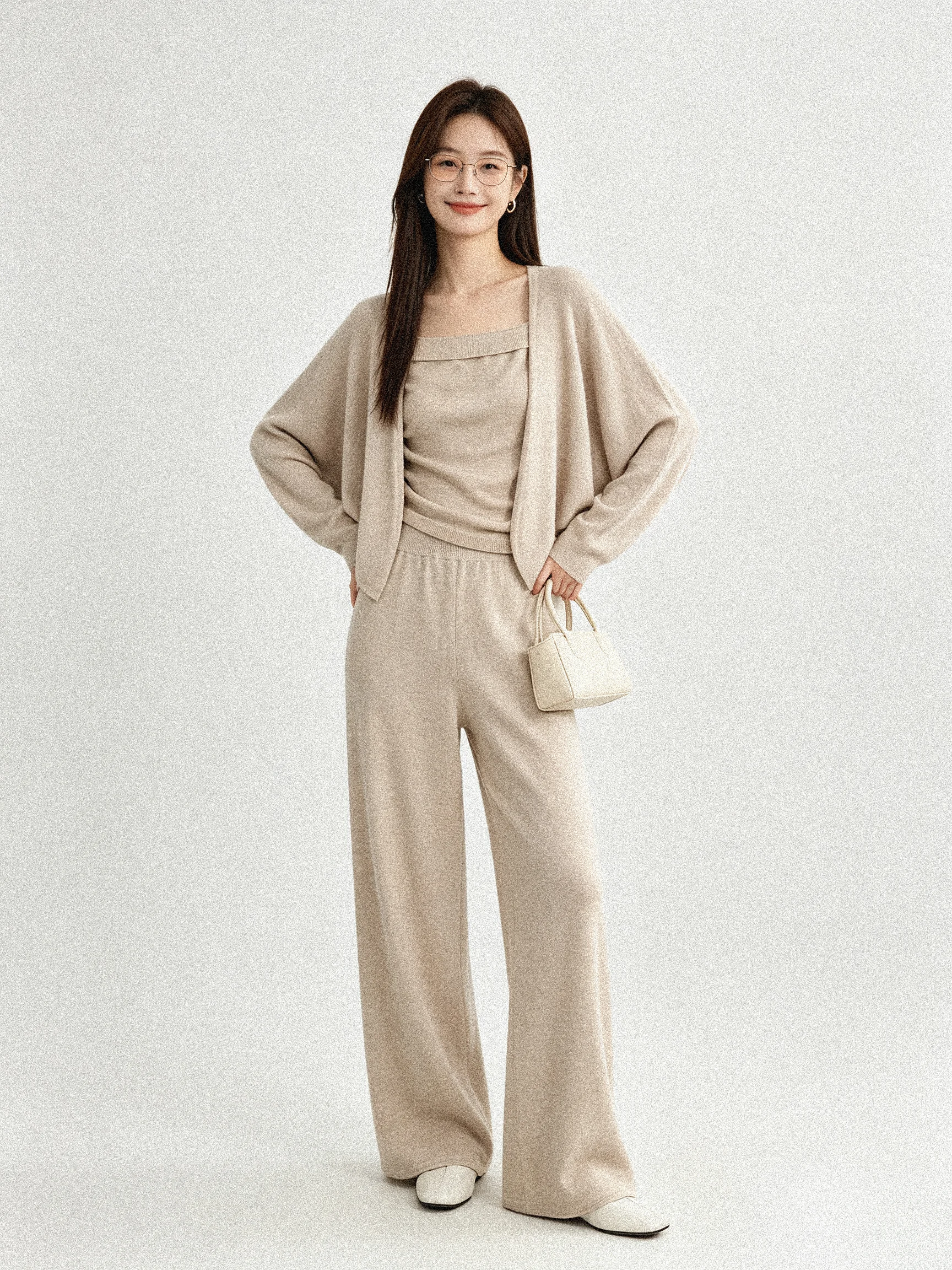 Early Autumn Simple Elegant Lazy Style Soft Skin-friendly Knitted Set Open Cardigan Tube Top Slim Wide Leg Pants Fashion Ense...