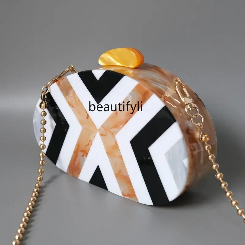 yj Women's All-Match Fashion Cute Striped Stitching Acrylic Hand-Held Evening Bag