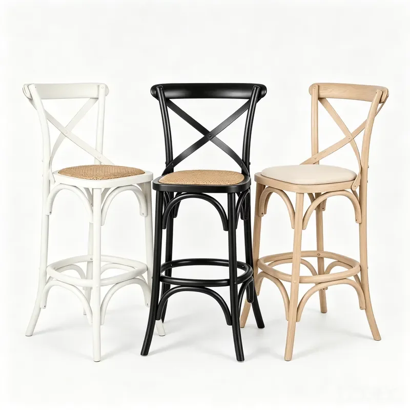 Vintage X Back Solid Oak Bar Stool Bentwood High Bar Chair With Fabric Cushion for Home Kitchen Homestay Bistro