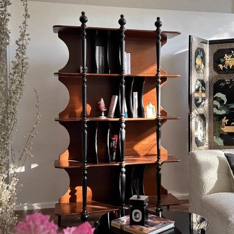 French retro solid wood bookcase floor-to-ceiling multi-layer bookshelf living room wall integrated display rack medieval storag