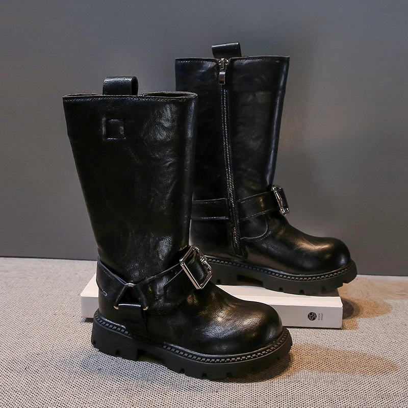 

Girls High Boots Autumn Winter Kids Fashion Buckle Soft PU Leather Boots Girls Motorcycle Style Children Knee Boots Kids Shoes