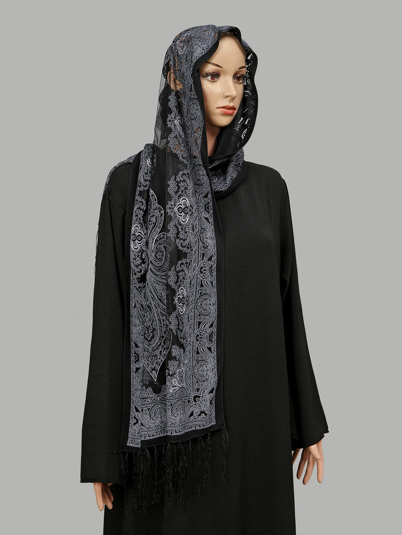 Lace Long Shawl Muslim Hijab Wraps For Women Fashion Printed Long Scarf Tassel Famale Pashmina With Fancy Style