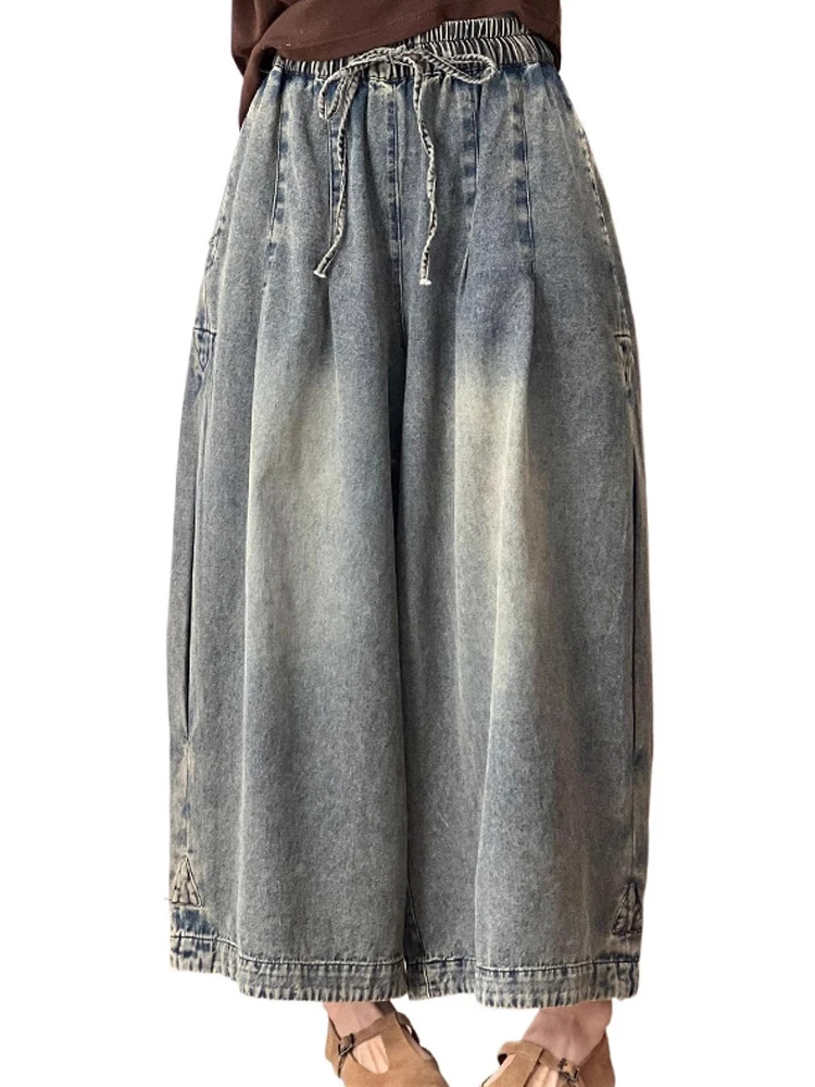 

Amax luluE Summer Vintage Womens Loose Denim Wide Leg Pants Ladies Casual Elastic Waist Jeans Luxury Classic Oversized Trousers