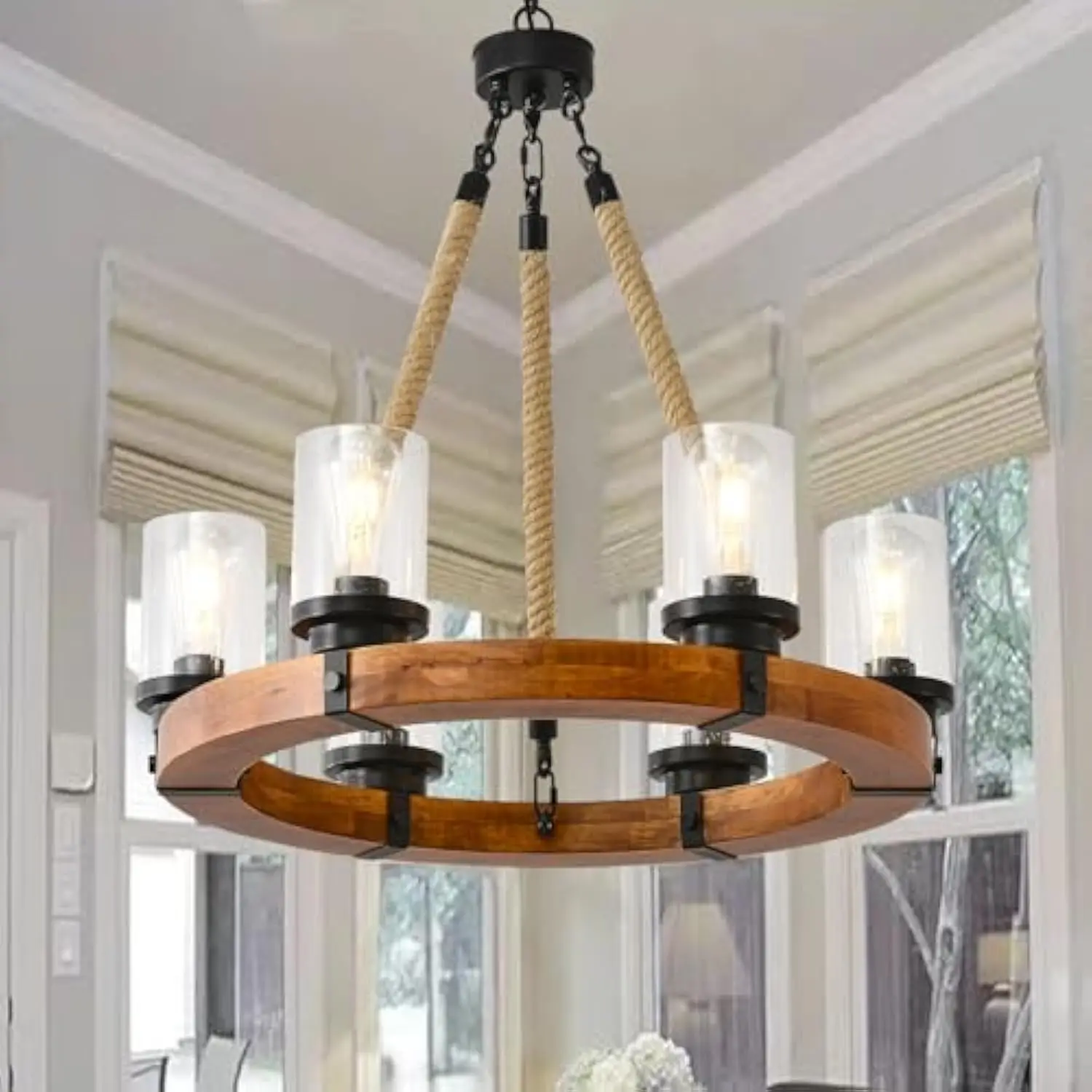 

6 Light Wagon Wheel Chandelier,Round Wood Pendant Light with Seeded Glass Shade Rustic Farmhouse Pendant for Dining Room Kitche