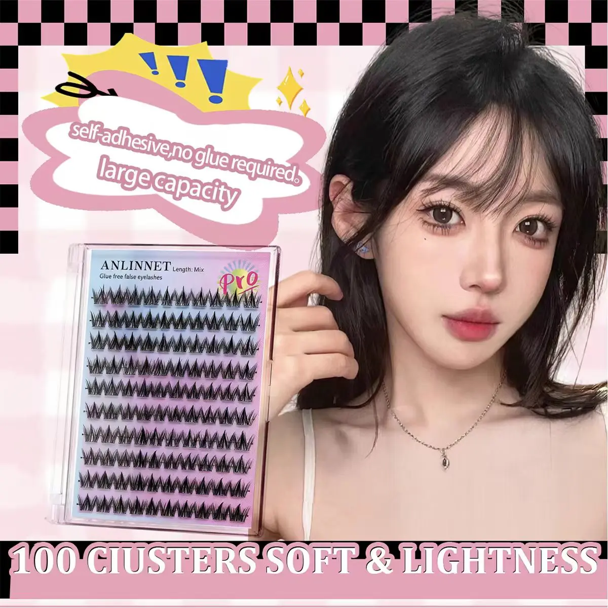 Sztuczne rzęsy bez kleju, 10 rzędów, 100 kępek, lekkie, miękkie, duża ilość, wielokrotnego użytku, naturalny wygląd.