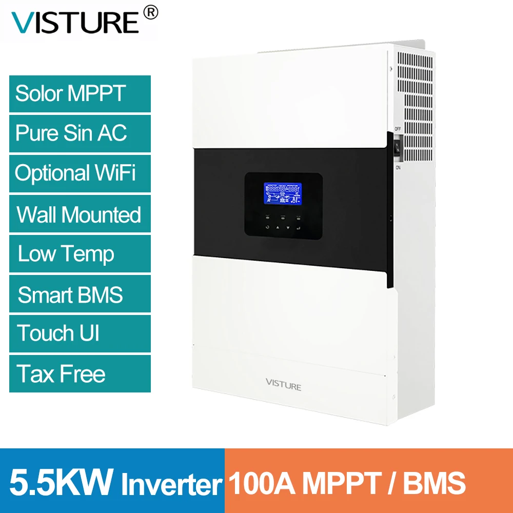 Visture 5.5KW Solar Inverter Toucn pad Energy Storage DC Reverse BMS MPPT Integrated Hybrid Parallel Inverter WiFi system