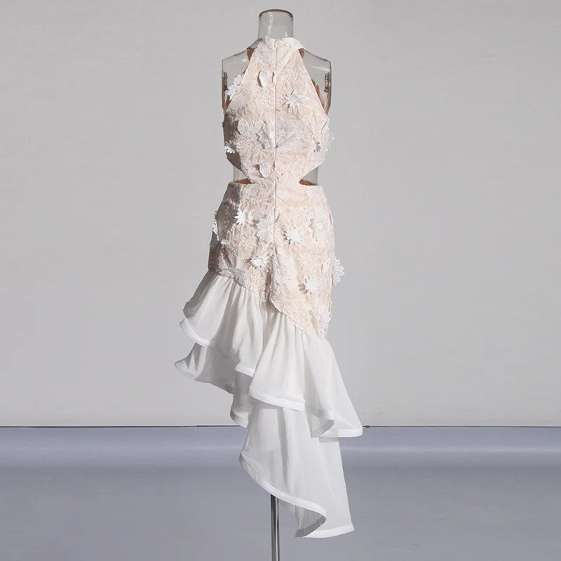 CHICEVER blanc Patchwork Appliques robes de bal pour les femmes licou sans manches taille haute creux élégant robe asymétrique femme