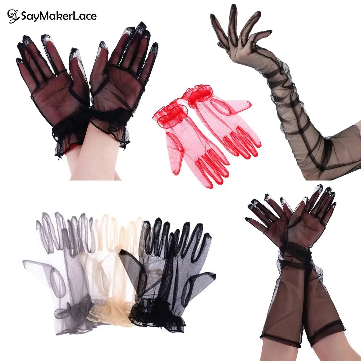 1Pair Sexy Black Sunscreen Glove Elegant Women Ultra-Thin Long Summer Driving Cycling Female Anti-UV Elasticity Lace Mesh Gloves