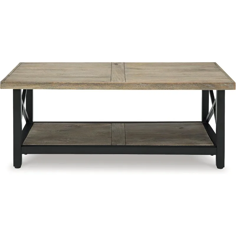 Mesa de centro hecha con madera de Mango y Metal, estante inferior abierto, acabado en tono de madera marrón claro