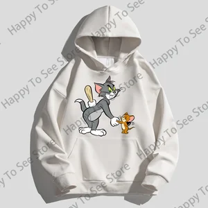 Tom và Jerry Hoodies Cotton Pure Women Spring và Duel Autumn Tops Loose Lazy Phong cách hoạt hình vui nhộn PULLOVER TOM VÀ JERRY 10 Áo nỉ bán hàng chính của Tom và Jerry - №4