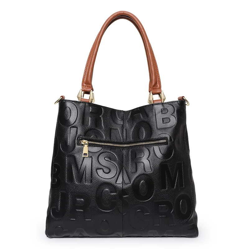 Aidrani  Fashionable handbag, large capacity letter printed women's bag, made of cowhide, black