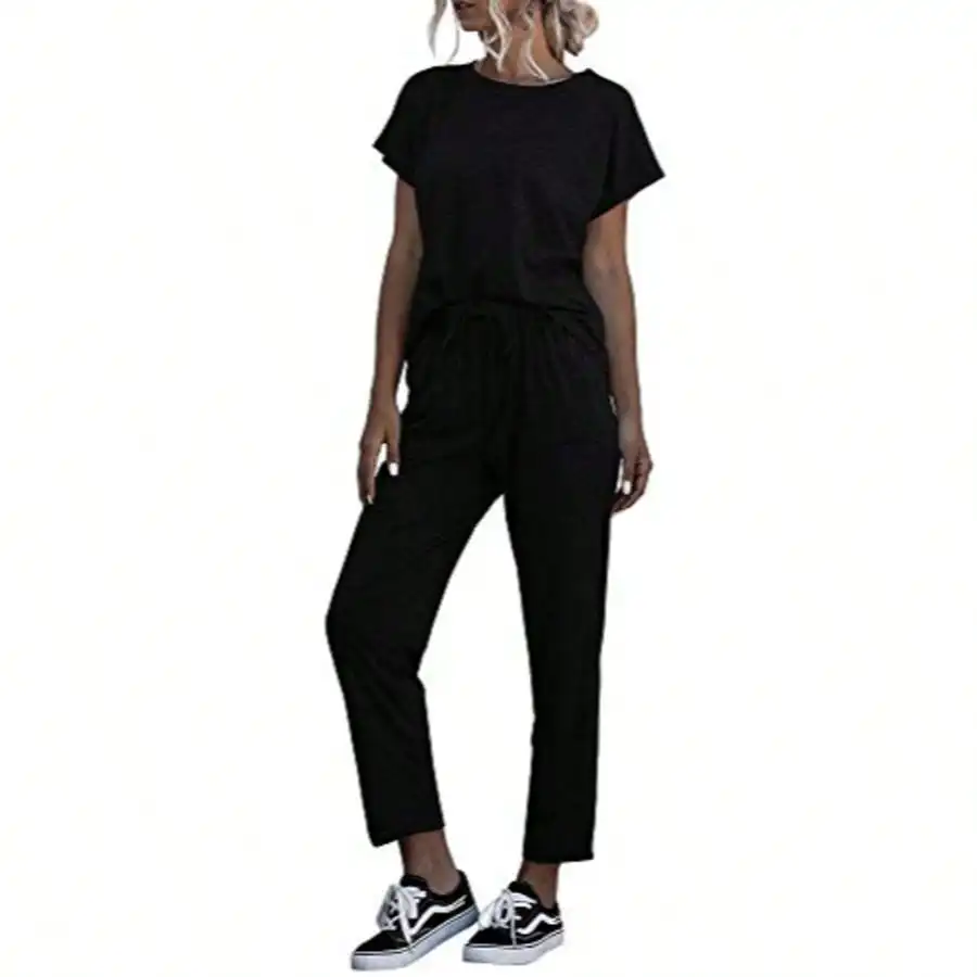 Ensemble de tenues 2 pièces pour femmes, t-shirt décontracté à manches courtes et col rond et pantalon de jogging à poches, ensemble de survêtement d'été