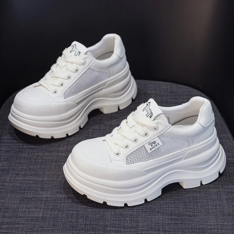 

7.5cm White Platform Sneakers for Women Comfortable Chunky Shoes Comfy Breathable Mesh High Heel White Black Sneakers Walk