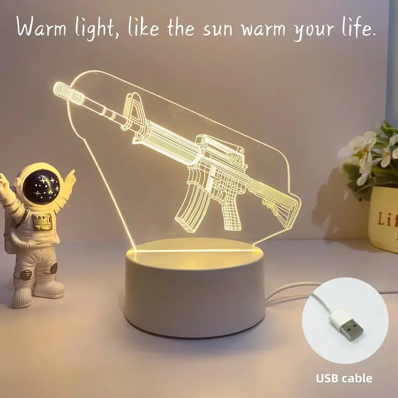 1 machine gun modeling creative 3D nightlight, AK machine gun, submachine gun style lamp, USB interface warm light, game player