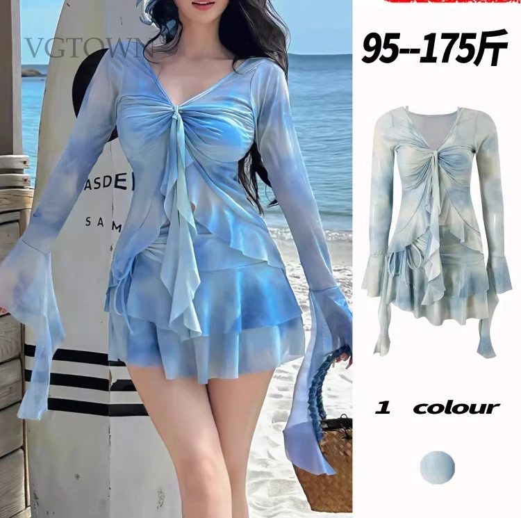 

2026 Новое платье больших размеров с V-образным вырезом для похудения, консервативный цветочный принт, купальник для горячего весеннего отдыха, комплект из двух предметов