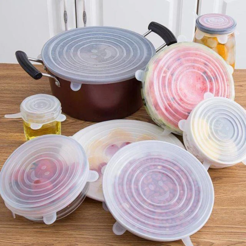 Cubierta de silicona para mantenimiento fresco, tapas elásticas reutilizables para enlatar, envoltura de plástico hermética para microondas, refrigerador, accesorios de cocina, 6 piezas