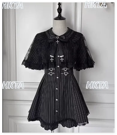 

Japanese Y2k Subculture Dark Goth Punk College Lolita Striped Lace Bow Cape Doll Collar Black Dress Shorts Two Piece Set Women