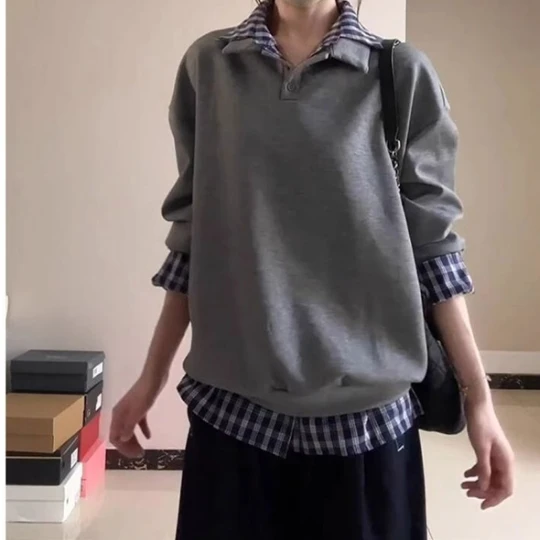 

Женские свитшоты в корейском стиле: винтажные, в клетку, с отложным воротником, пэчворк, свободного кроя, с лацканами, весенние, модные, повседневные, удобные топы