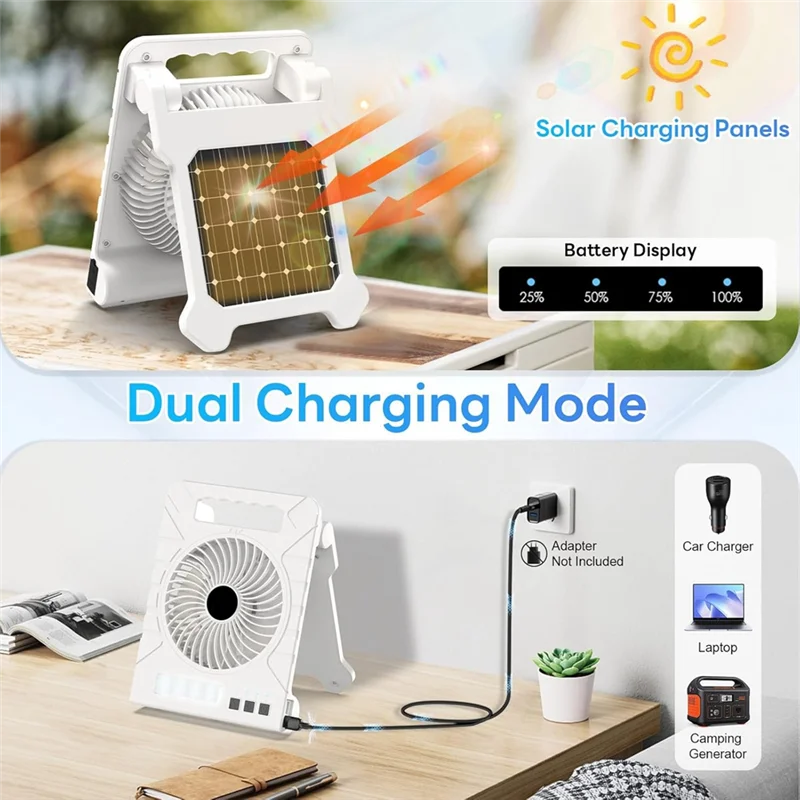 JABS-Portable Folding Solar Fan With LED Lantern, Ideal For Outdoor Activities- For Camping, Tents, Fishing, Beach, Car, Home