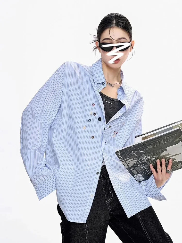 

Винтажная полосатая рубашка Y2K с пуговицами, женская уличная одежда, свободная американская блузка с длинным рукавом, весенние новые топы в стиле Харадзюку в стиле хип-хоп Bf
