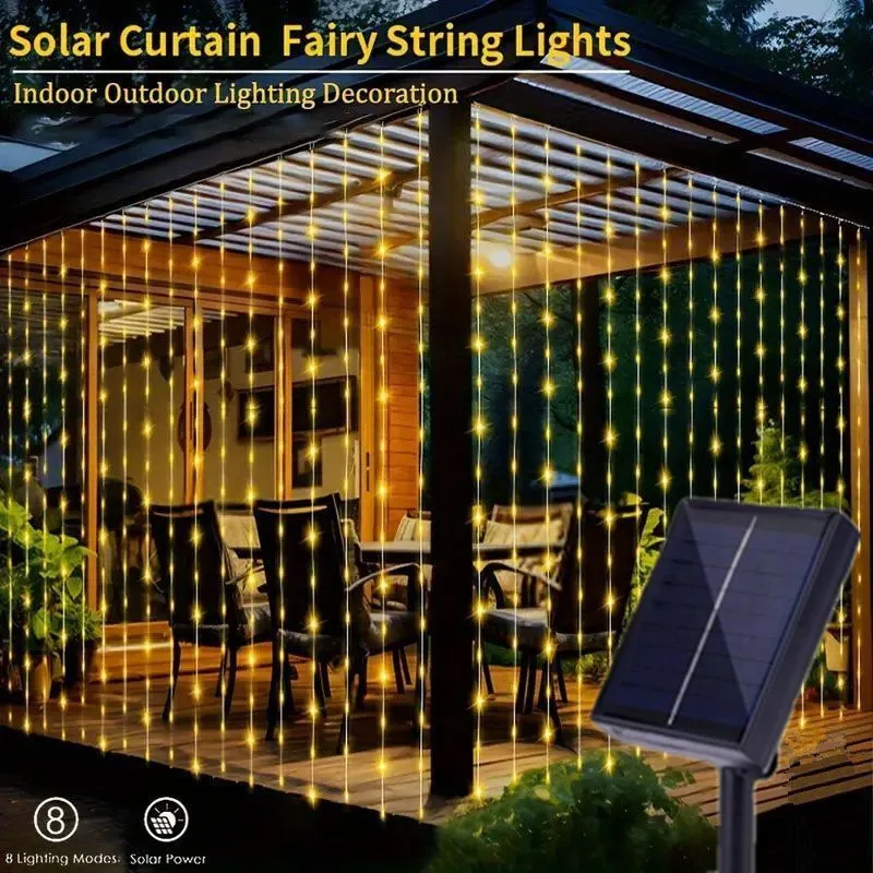 Solar Power Outdoor Curtain String Lights 8 Lighting Modes Great for Wedding Party Pergola Garden Decoration Christmas Lighting