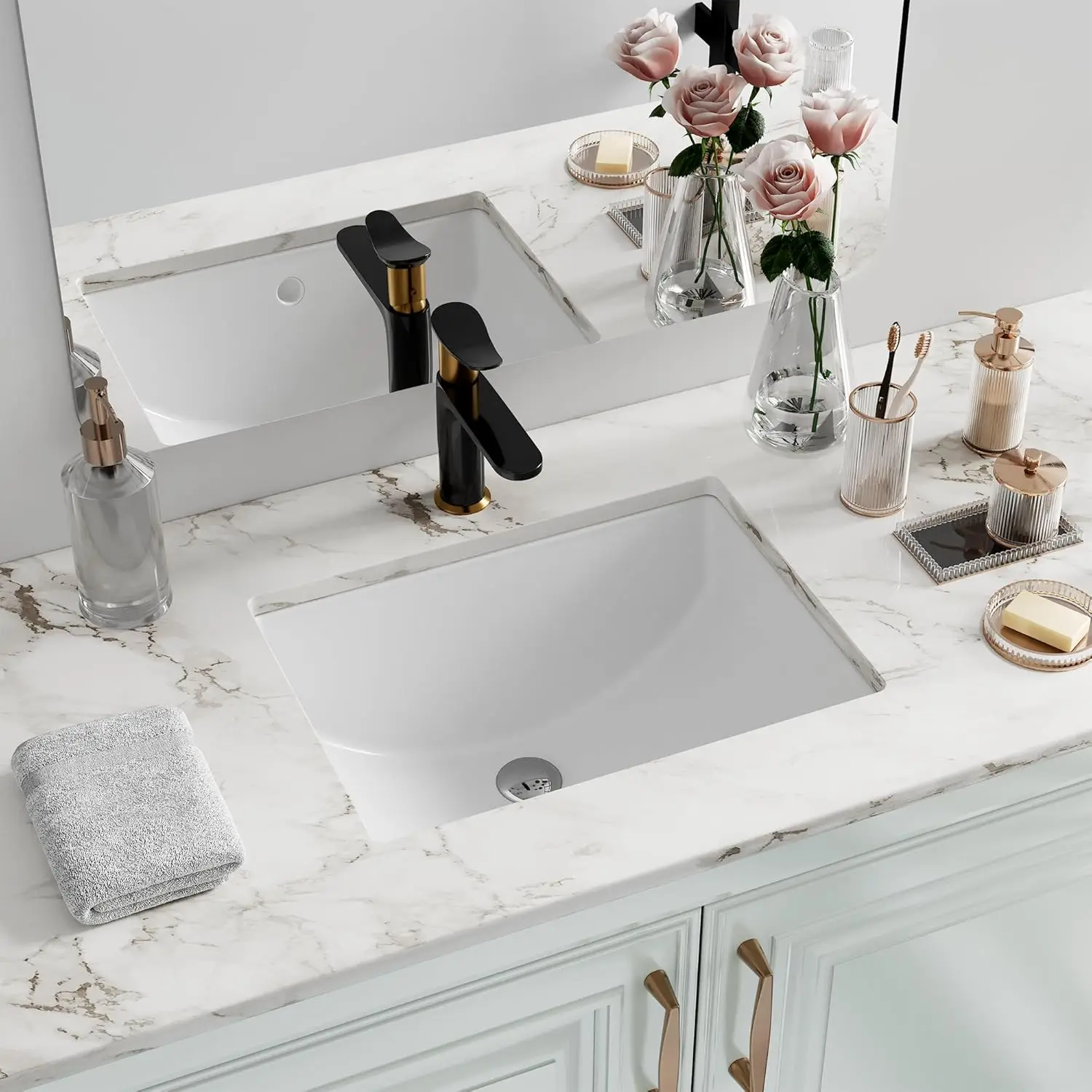 

Undermount Bathroom Sink Rectangle, Interior Bowl Size 16 x 12 inch White Porcelain Ceramic Vessel Sink Under Counter E