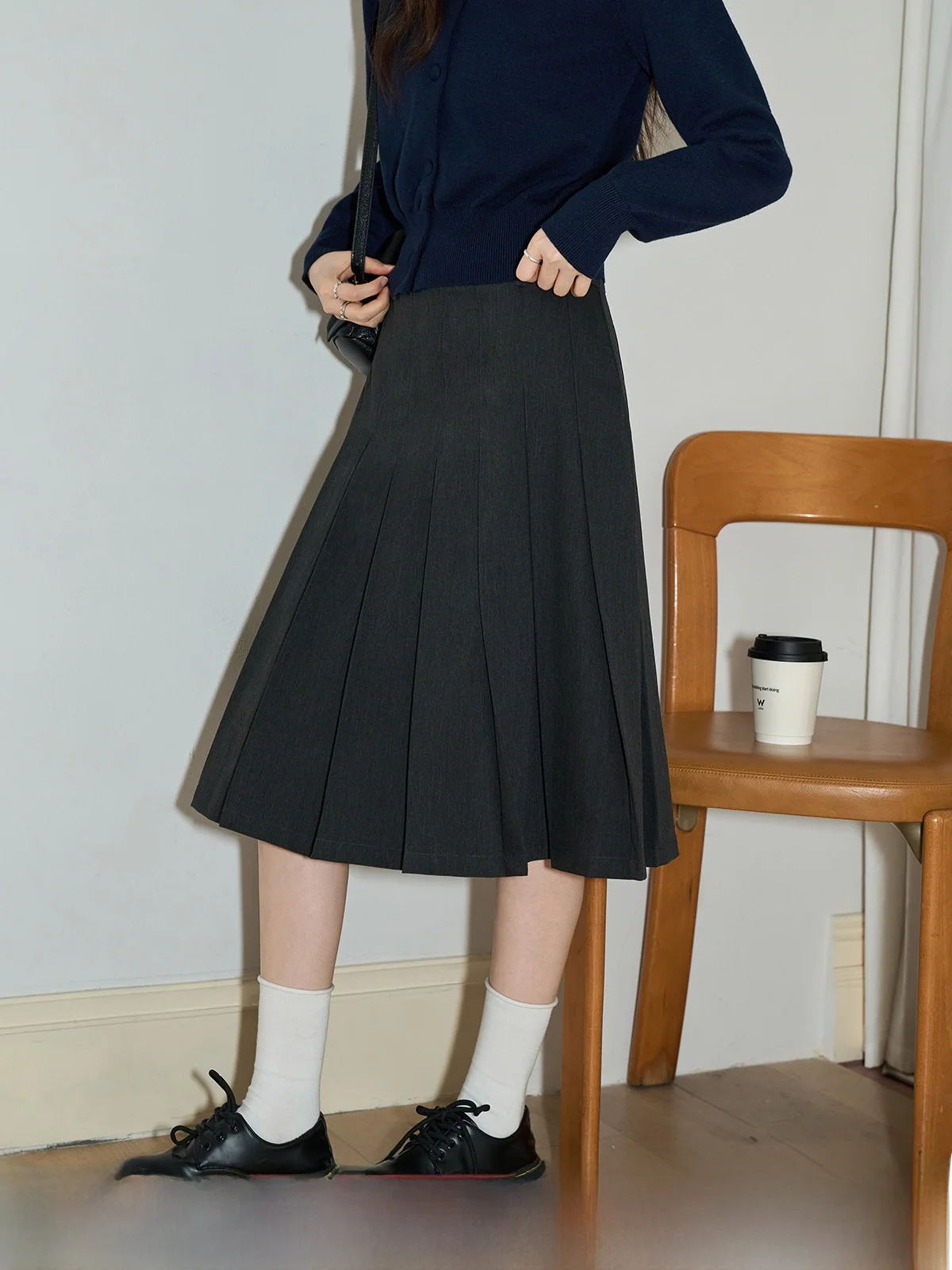 

Deep ey High Waist A-Line Midi Skirt Women's Spring Vintage Ele Pleated f Body Skirt Commute Sle Chinese Brand