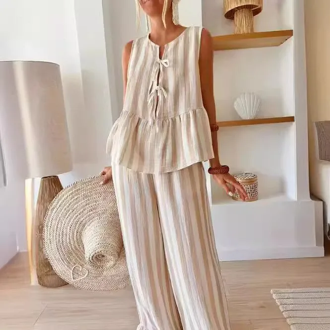 

Two Piece Set Tank Top Striped Pattern Button Front Vest Ruffle Trim Front Tie Sleeveless Top Beige Striped Peplum Camisole