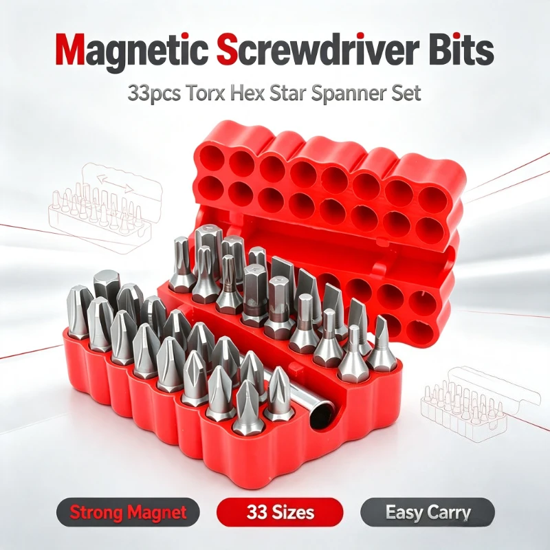 Image of Magnetischer Sicherheits-Schraubendreher-Bit-Satz, 33-teilig, 1/4 Zoll (6,35 mm), Torx, Sechskant, Sternschlüssel, Elektro-Bithalter-Set zum Schrauben