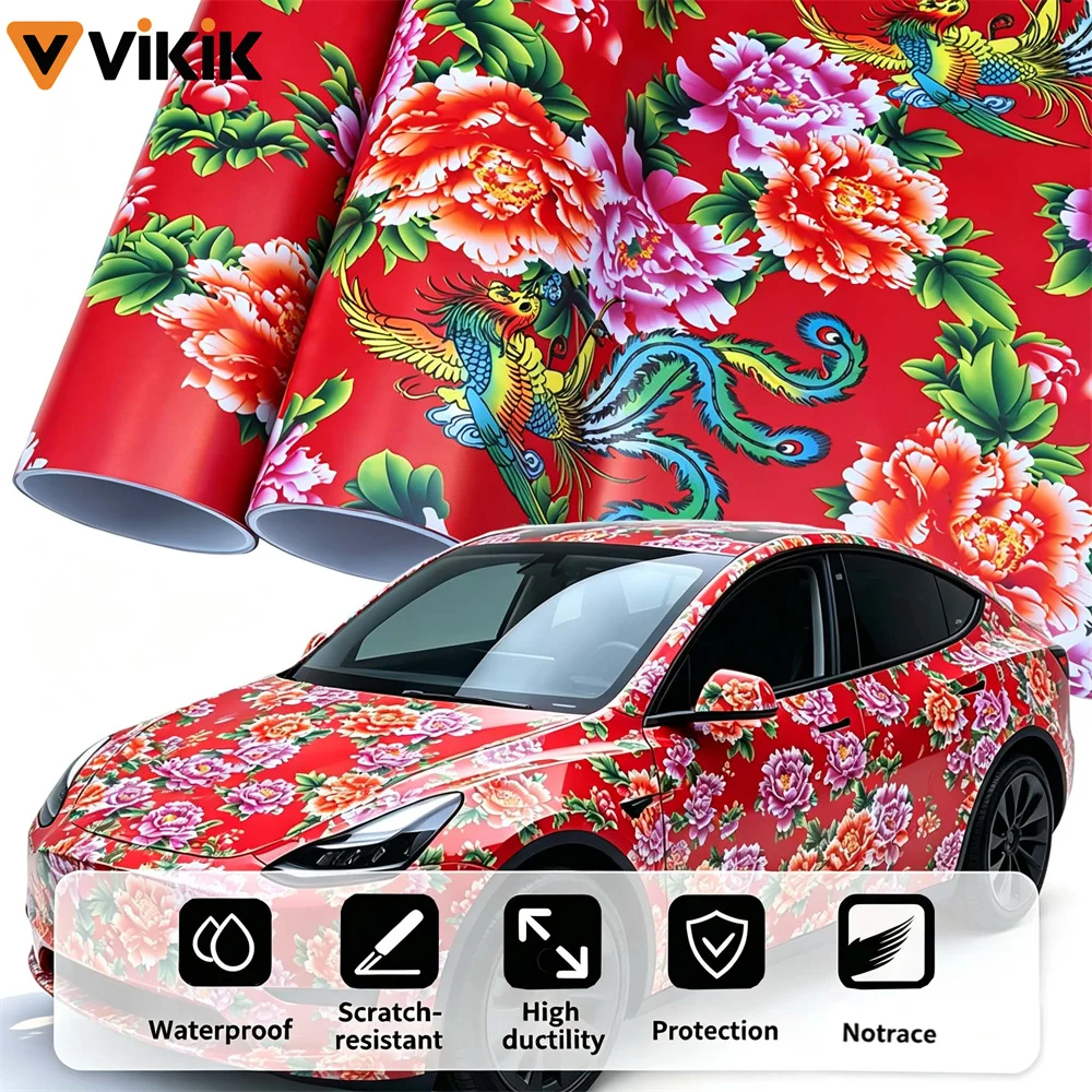 Chinese Style Car Floral Vinyl Phoenix‌ Flower Camo Film for Vehicle Motorcycle Bicycle Skateboard Bubble Free