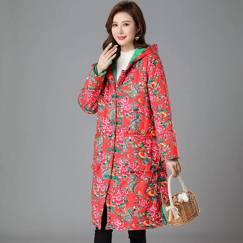 Winter Clothes Mother\'s Ethnic Style Big Flower Thickening Cotton Padded Jacket Large Size Loose Retro Fashion Quilted Coat T598