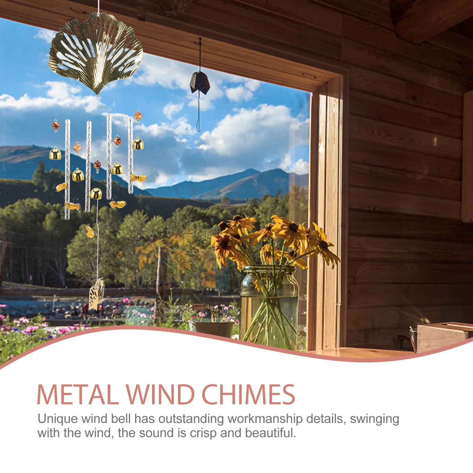 

Gold Ginkgo Leaf Hanging Metal Wind Chime Decorative Door Garden Balcony Outdoor Loud Wind Bells Unique Windchimes