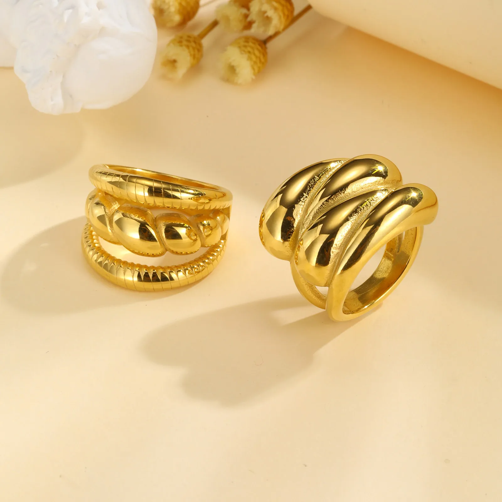 Double Layer Chunky Ring for Women, Gold Plated Stainless Steel, High Polish Statement Band Radial Ring - Image 3