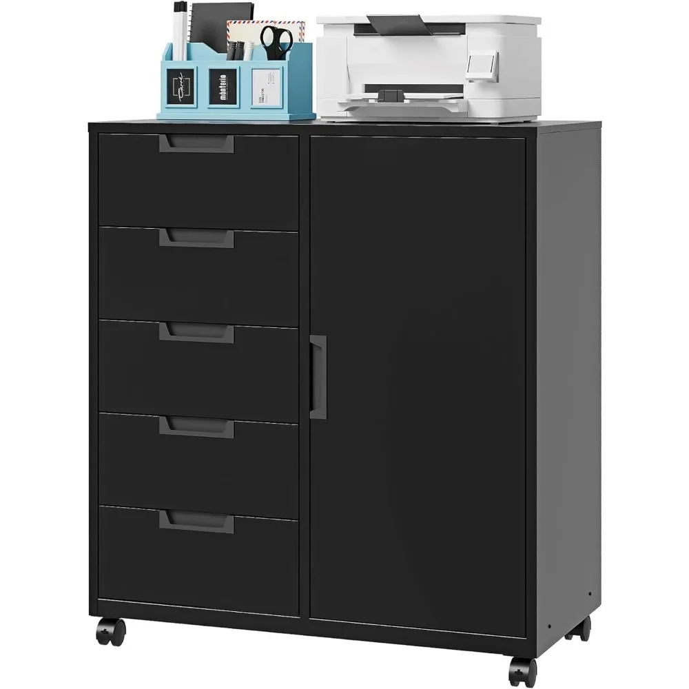 Letaya 5 Drawer Storage Cabinet, Mobile Printer Stand for Home Office,Dresser Chest with Shelves and Door(Black)