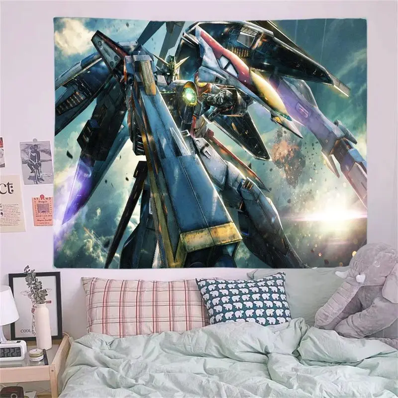 Tapiz Mech de Robot futurista, fondo dinámico de explosión, acentos metálicos, azul, negro y amarillo, arte de pared para ciencia ficción, Anime, 1 ud.