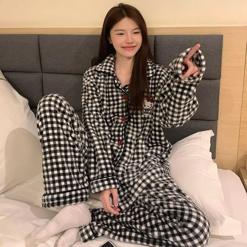 Hello Kitty Coral Velvet Pajamas for Women Winter Plus Velvet Thickening Student Warm Flannel Two-Piece Home Clothes Cartoon