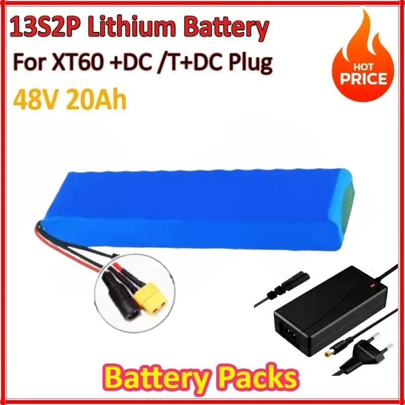 

New 13S2P 18650 48V 20Ah Lithium Battery Packs High Power Battery for 54.6V Built-in Bms with Charger for XT60 +DC /T+DC Plug