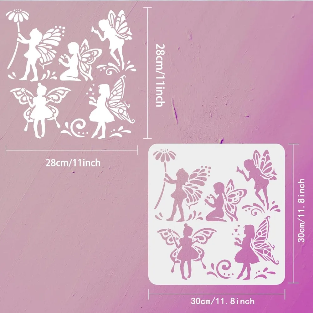 Fairy Stencil 11.8x11.8inch Reusable Butterfly Flower Fairies Drawing Template DIY Art Little Fairy Stencil Dream Theme Stencil