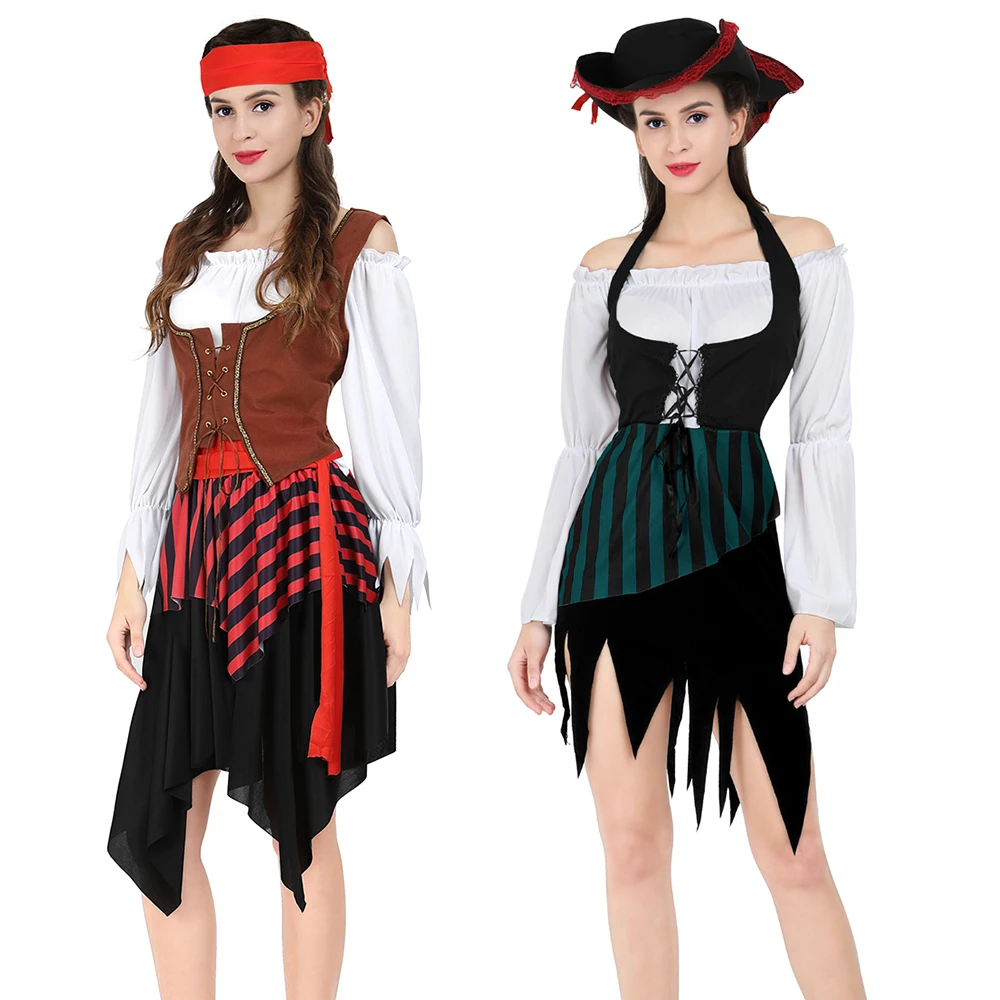 Fantasias piratas para homem e mulher, vestidos piratas, ombro fora, fantasia de cosplay, piratas das Caraíbas, adulto, casal