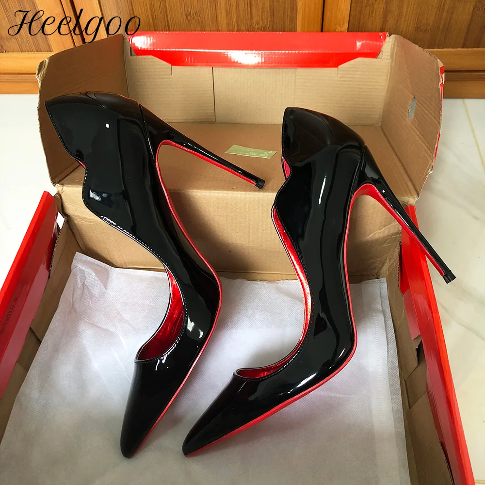 

Heelgoo Elegant Glossy Black Curl Cut Women Pointy Toe 12cm High Heel Shoes Sexy V Cut Lady Party Wedding Stiletto Pumps Size46