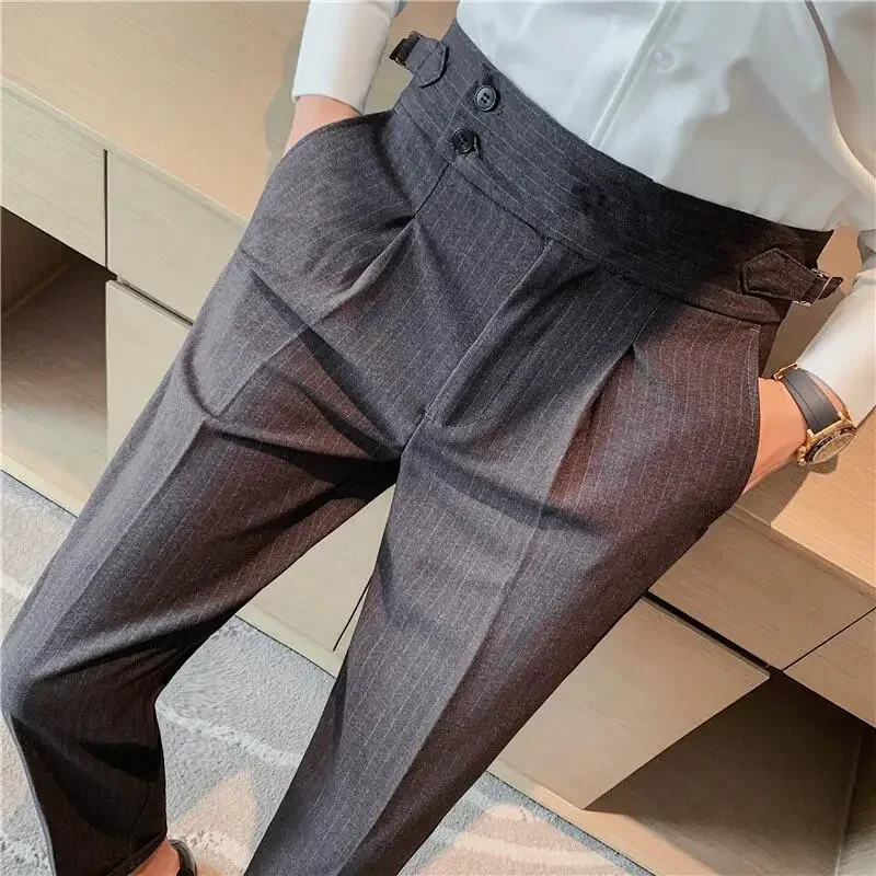 

British Style Fall New High Waist Dress Pants Men Belt Design Stripes Slim Suit Pants Formal Wedding Social Party Male JJ56