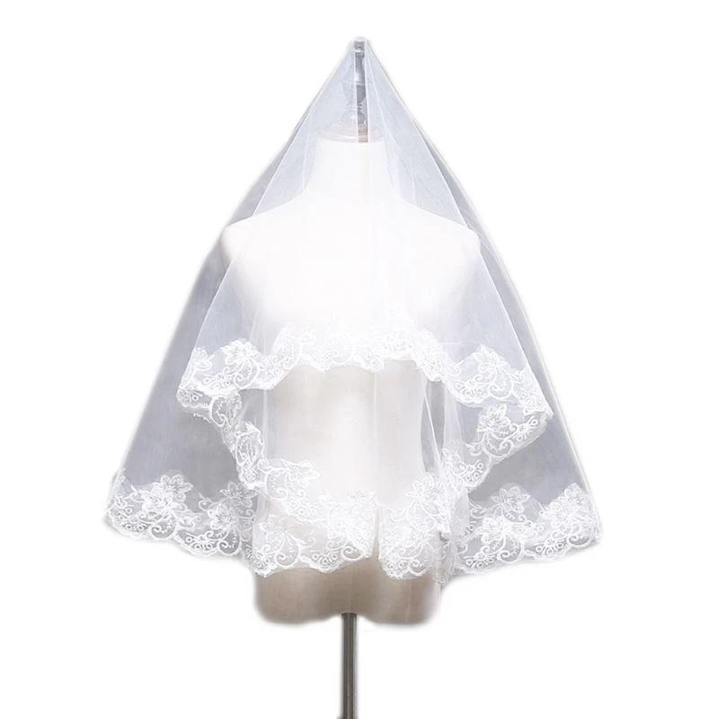 

652F 1-Tier White Wedding Veil Waist Length Short Bride Hair Accessoies Bridal Tulle without Comb and Floral Lace