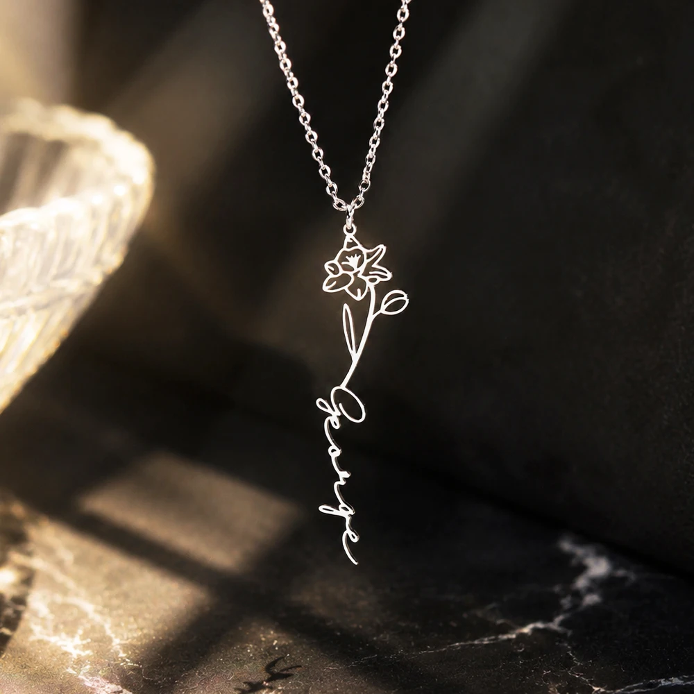 Women's Custom Name Birth Flower Necklace, Personalised Gift