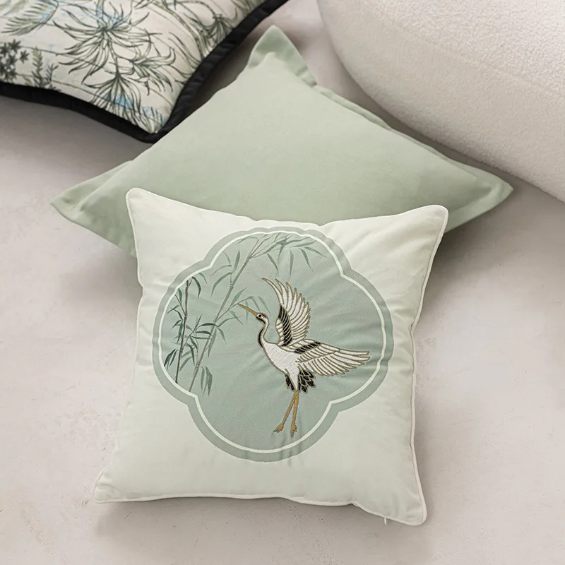 Chinese Crane Embroidery Pillow Light Green Blue Cushion Case Retro Art Decorative Pillow Cover For Sofa Chair Home Decorations