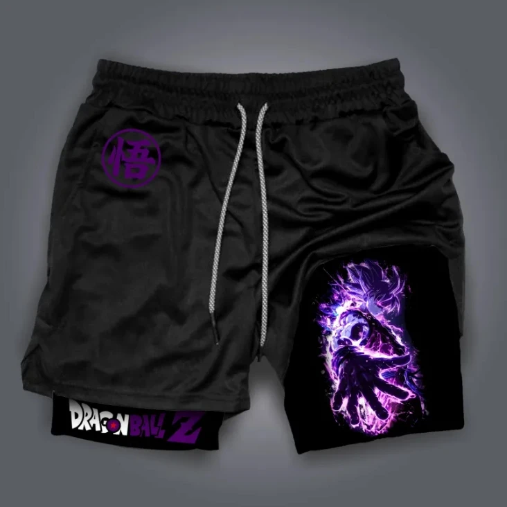 Pantalones cortos para correr de doble capa y de secado rápido, pantalones cortos de gimnasio con estampado de anime, pantalones cortos de entrenamiento flexibles para hombres.